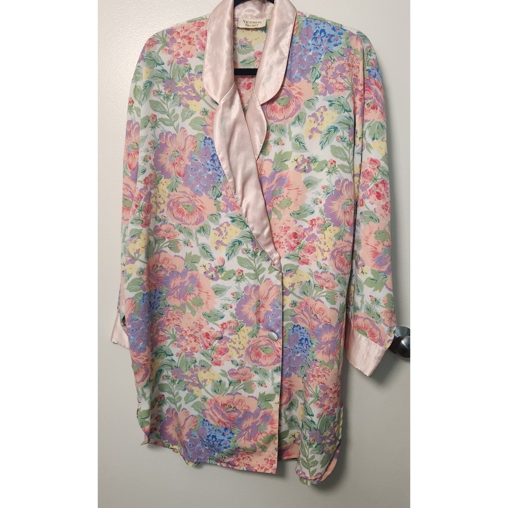 Victoria's Secret Vtg Gold‎ Label double Breasted Nightshirt Pink Floral Large